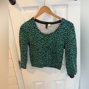 Floral Green and Black Women's Cropped Cardigan